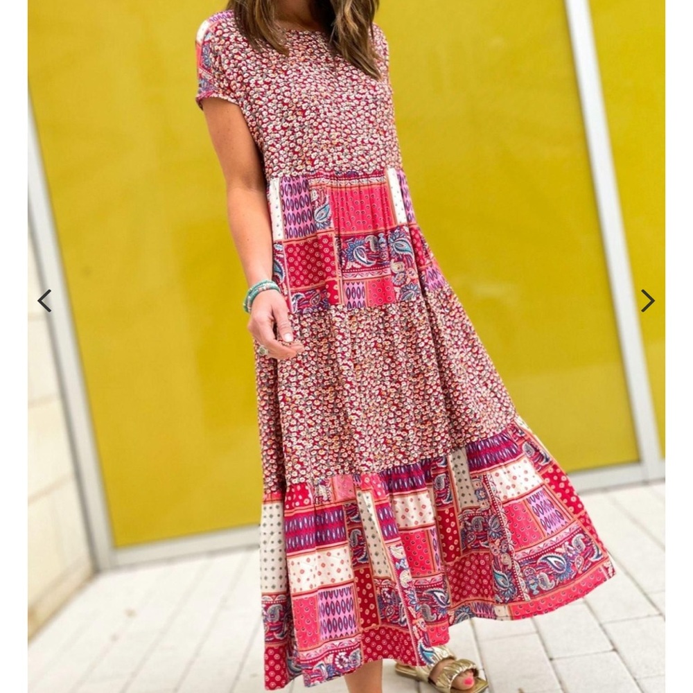 Easel patchwork mixed media floral paisley tiered boho maxi dress